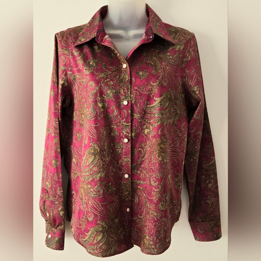 Chaps No Iron Button Down Shirt Sz Medium Purple/Green Long Sleeve Euc